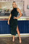 Green Velvet And Sequin Racer Neck Midi Dress