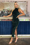 Green Velvet And Sequin Racer Neck Midi Dress