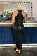 Black Rectangular Sequin Halter Neck Draped Wrap Skirt Midi Dress