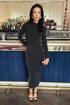 Black Sparkly Long Sleeve Ruched Bodycon Midi Dress