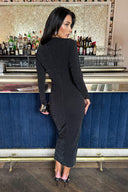 Black Sparkly Long Sleeve Ruched Bodycon Midi Dress