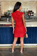 Red Sequin High Neck Ruched Bodycon Mini Dress