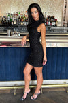 Black Sequin High Neck Ruched Bodycon Mini Dress