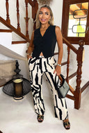 Cream And Black Abstract Print Wide Leg Trousers