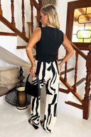 Cream And Black Abstract Print Wide Leg Trousers