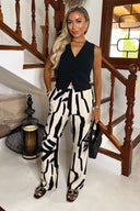 Cream And Black Abstract Print Wide Leg Trousers