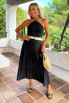 Black Halterneck Straw Belt Tiered Midi Dress