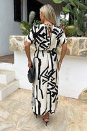 Black And Cream Abstract Print V Neck Batwing Midi Dress