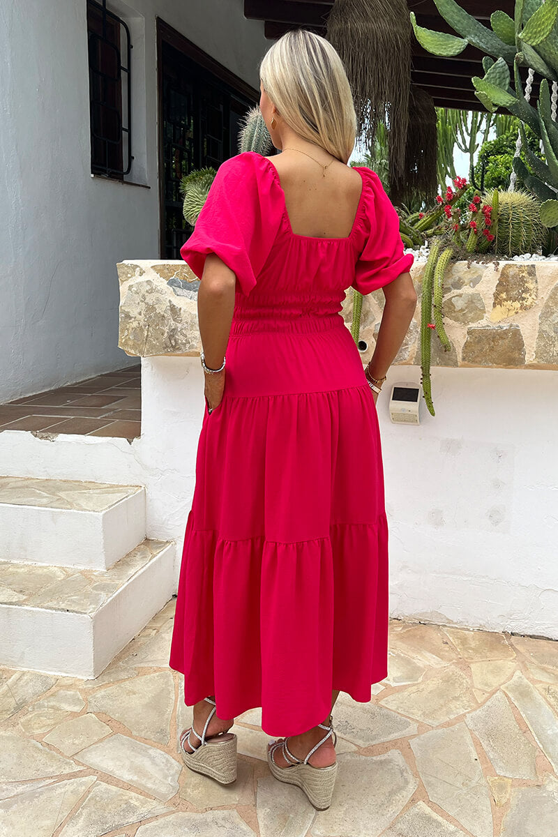 Magenta Puff Sleeve Shirred Waist Smock Midi Dress