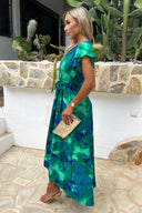 Green And Blue Abstract Print Short Sleeve Belted Wrap Midi Dress