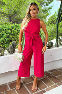 Magenta Racer Neck Tie Waist Jumpsuit