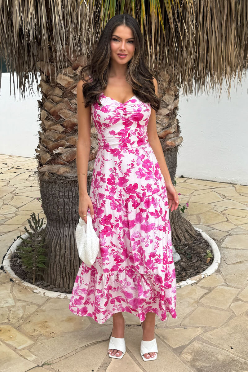 Pink And White Floral Print Shirred Straps Tiered Midi Dress