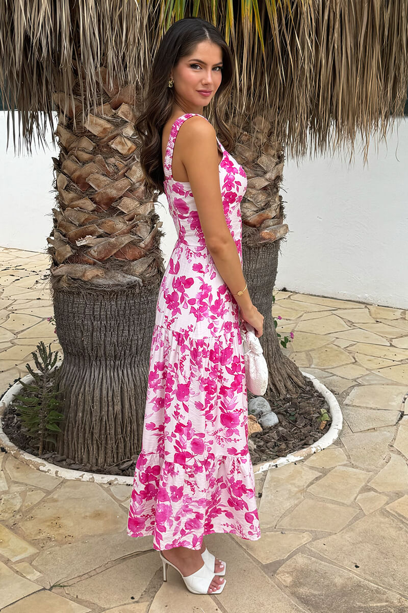 Pink And White Floral Print Shirred Straps Tiered Midi Dress