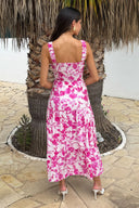 Pink And White Floral Print Shirred Straps Tiered Midi Dress