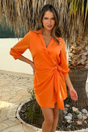 Burnt Orange 3/4 Sleeve Gathered Wrap Shirt Mini Dress