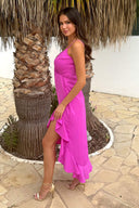 Hot Pink Strappy High Low Frill Hem Midi Dress