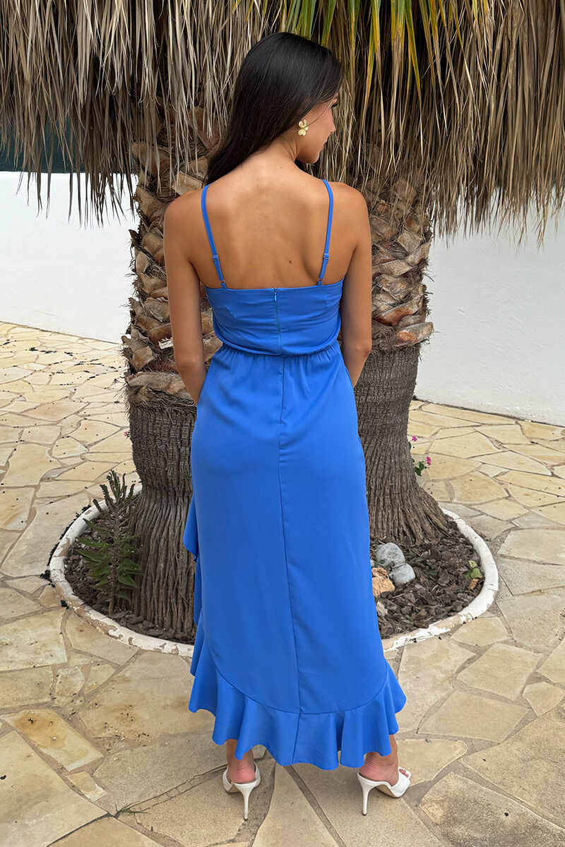 Powder Blue Racer Neck High Low Frill Hem Midi Dress