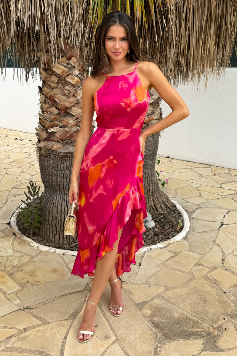 Pink Smudge Print Racer Neck High Low Frill Hem Midi Dress