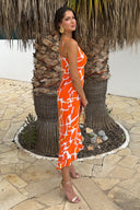 Orange Giraffe Print Racer Neck High Low Frill Hem Midi Dress