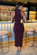 Plum Sparkle Halter Neck Ruched Bodycon Midi Dress