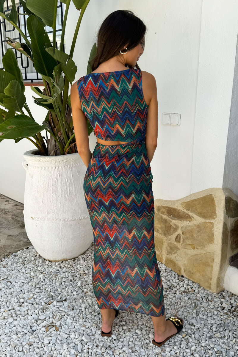 Multi Zig Zag Printed Mesh Asymmetric Waist Cut Out Midi Dress