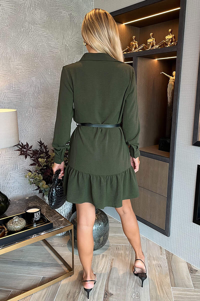 Olive Long Sleeve Frill Hem Shirt Mini Dress