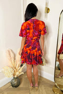 Orange And Purple Abstract Print Wrap Top Skater Mini Dress