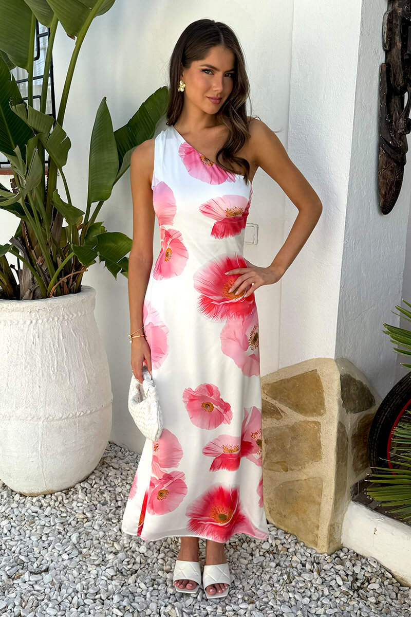 Cream And Pink Floral Print One Shoulder Open Back Twist Detail Midi Dress