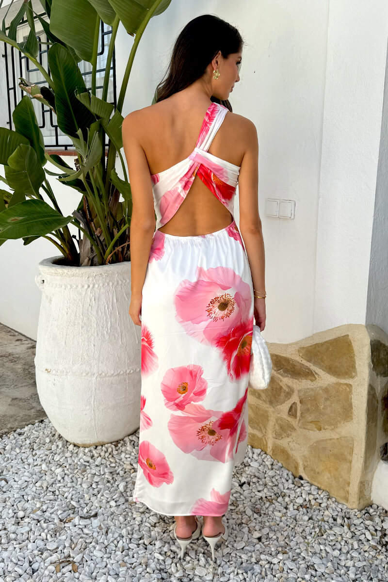 Cream And Pink Floral Print One Shoulder Open Back Twist Detail Midi Dress