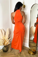 Burnt Orange Halter Neck Knot Skirt Midi Dress