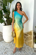 Multi Sunset Ombre One Shoulder Open Back Twist Detail Midi Dress