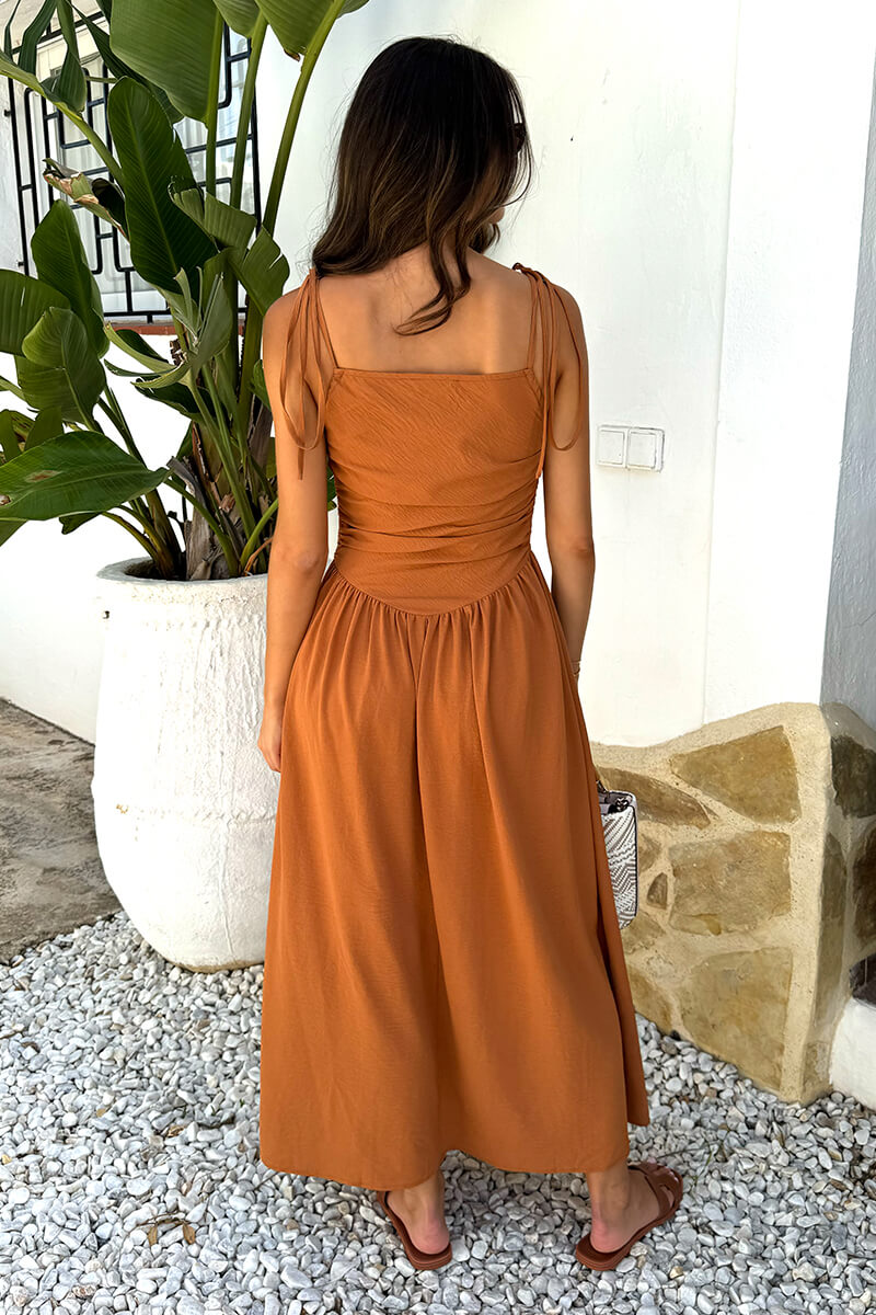 Rust Drawstring Tie Straps Ruched Top Midi Dress