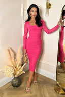 Pink Square Neck Long Sleeve Ruched Bodycon Mesh Midi Dress