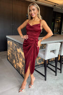 Wine Satin Strappy Cowl Neck Gathered Skirt Midi Dress