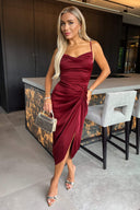 Wine Satin Strappy Cowl Neck Gathered Skirt Midi Dress