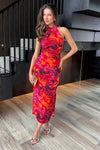 Orange And Purple Abstract Print Halter Neck Draped Waist Midi Dress