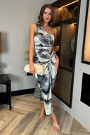 Multi Marble Print One Shoulder Knot Skirt Satin Midi Dress