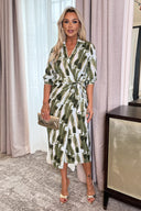 Khaki Brush Stroke Print 3/4 Sleeve Tie Waist Wrap Shirt Midi Dress