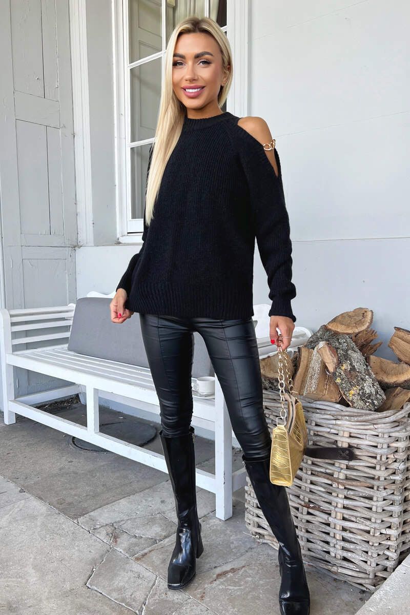 Black Cut Out Shoulder Chain Detail Knit Jumper