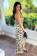 Black and Cream Leopard Print High Low Frill Hem Midi Dress