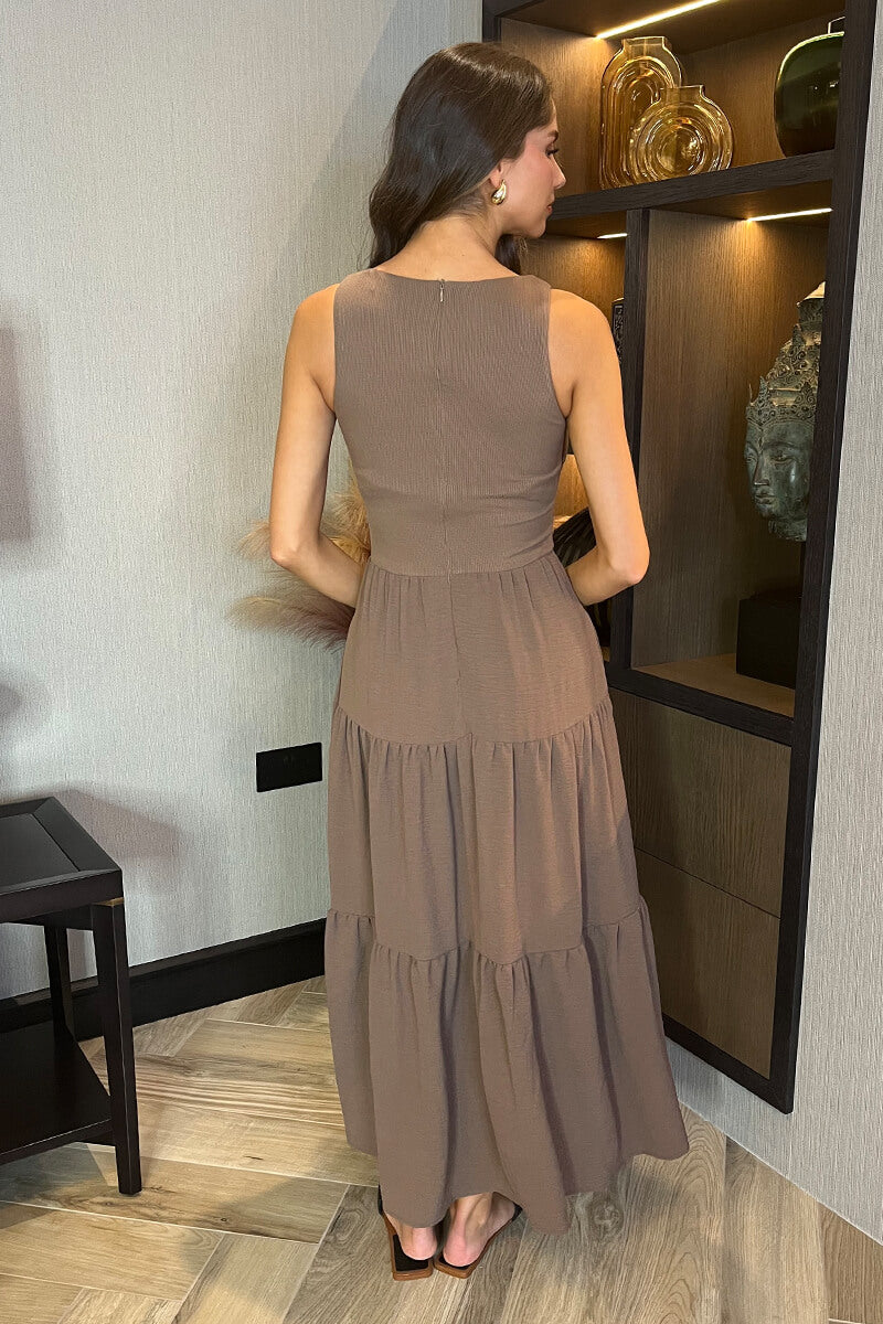 Mocha Round Neck Ribbed Top Tiered Skirt Midi Dress