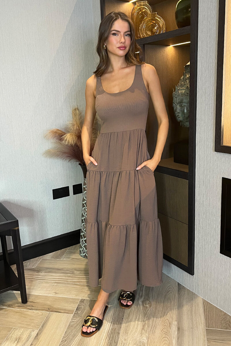 Mocha Round Neck Ribbed Top Tiered Skirt Midi Dress