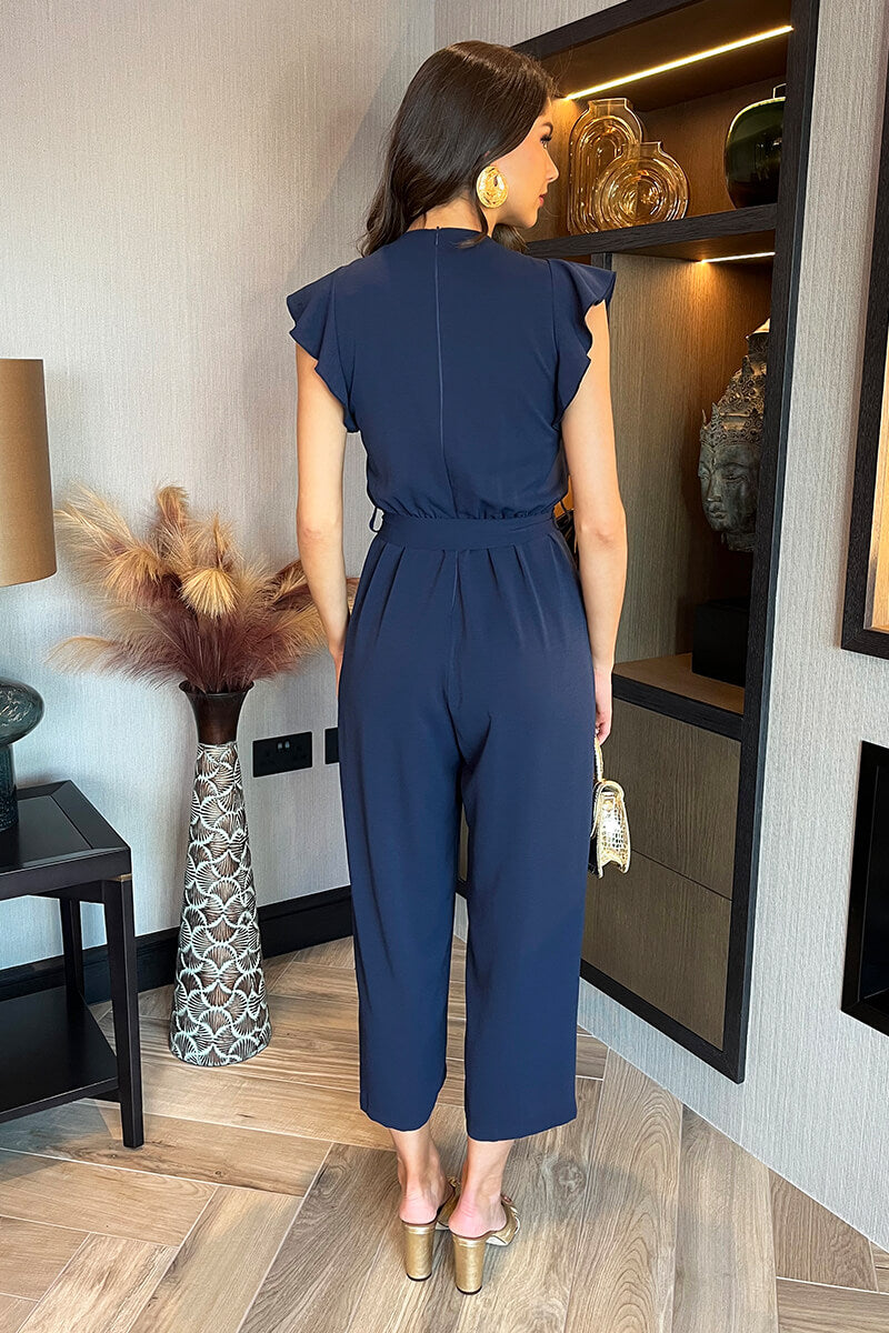 Navy Wrap Top Flutter Sleeve Belted Jumpsuit