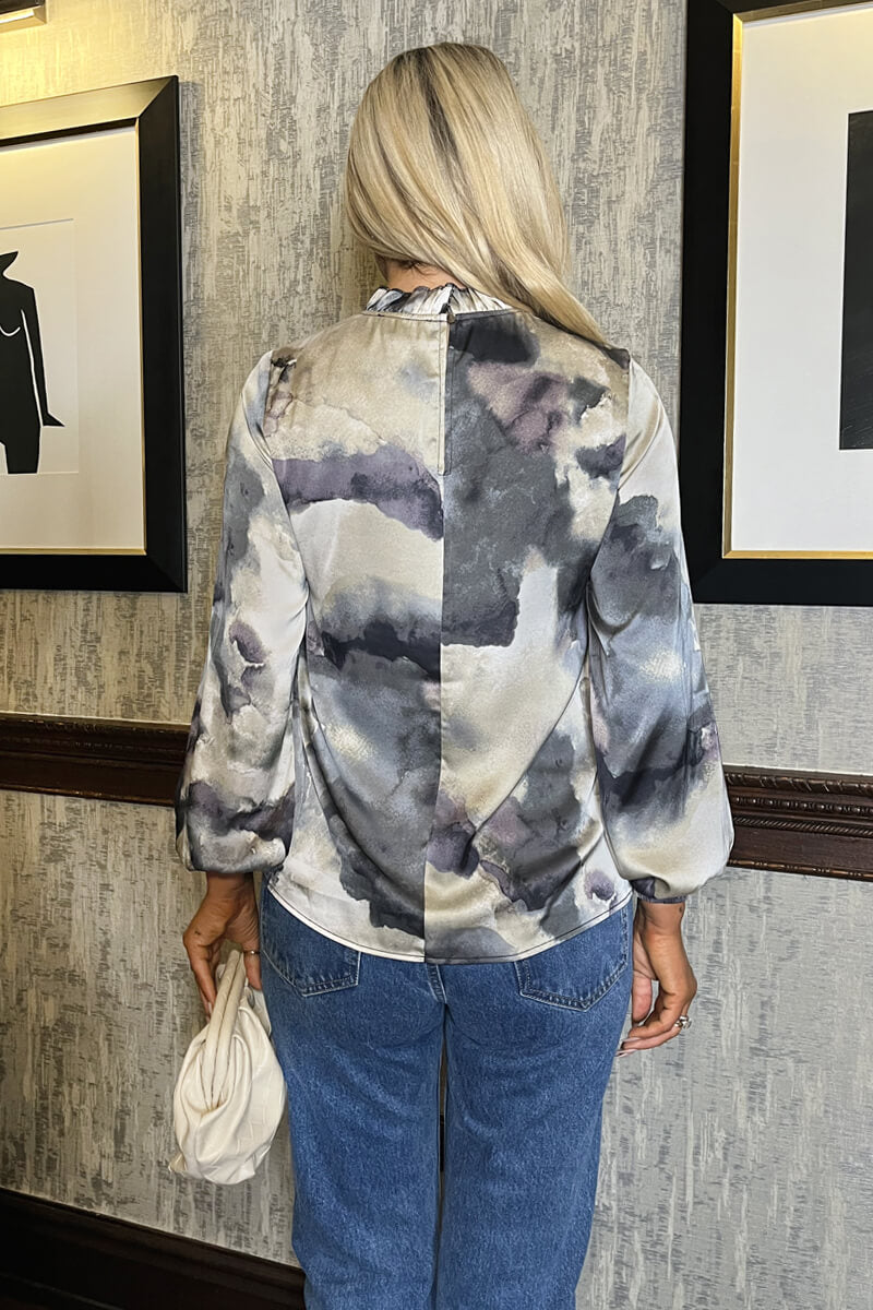 Multi Marble Print Long Sleeve Ruffle Neck Top