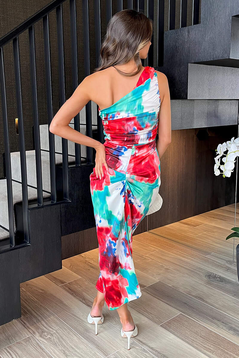 Multi Tie Dye Printed One Shoulder Knot Skirt Midi Dress