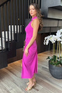 Hot Pink Halter Neck Knot Skirt Midi Dress