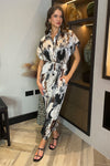 Multi Smudge Print Button Front Collared Tie Waist Jumpsuit