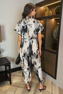 Multi Smudge Print Button Front Collared Tie Waist Jumpsuit