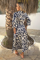 Navy And Cream Abstract Print 3/4 Sleeve Tie Waist Shirt Midi Dress