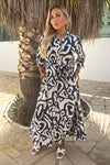 Navy And Cream Abstract Print 3/4 Sleeve Tie Waist Shirt Midi Dress